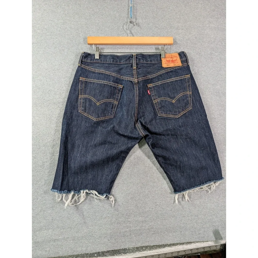 Levis 501 Cut Off Shorts Mens 36 Blue Button Fly Denim Jeans Dark Wash Frayed